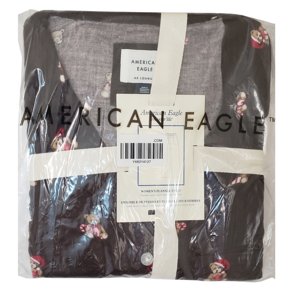 AMERICAN EAGLE Pajama Set Women XL Chocolate Holiday Teddy Bear Flannel NWT